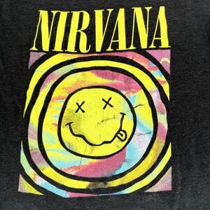 Nirvana Smiley Face Graphic T-Shirt Charcoal Black Multi Color Swirl Logo Small